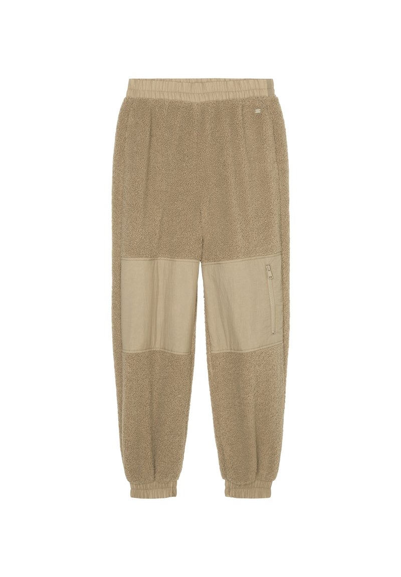 Beige joggere lavet af blødt, tekstureret stof med glatte sidepaneler. Har elastisk talje og manchetter samt en lynlåslomme.