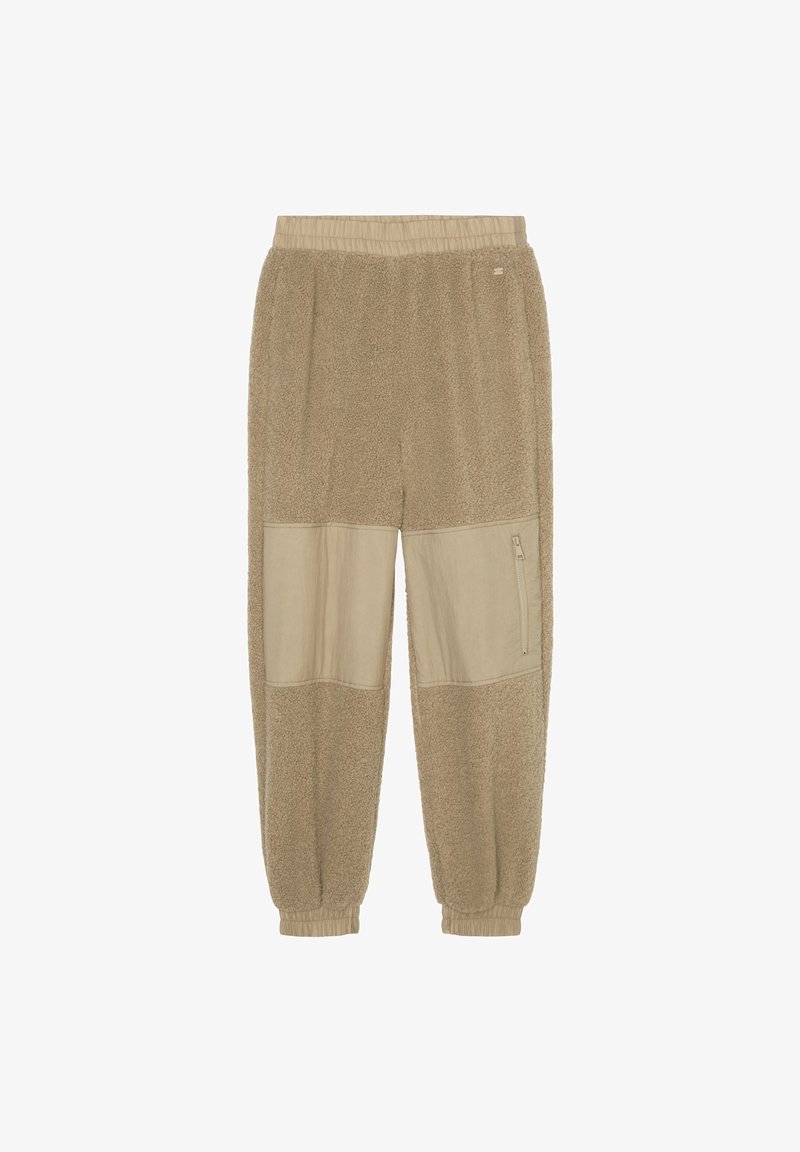 Beige joggere lavet af blødt, tekstureret stof med glatte sidepaneler. Har elastisk talje og manchetter samt en lynlåslomme.