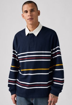 Navy long-sleeve polo shirt with white collar, featuring horizontal stripes in white, red, and yellow. Made of cotton blend fabric.