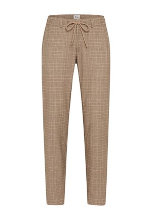 Beige Hosen mit Karomuster, Kordelzugbund, schmaler Schnitt und strukturierter Stoffoberfläche.