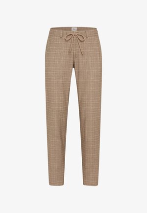 Beige broek met een ruitpatroon, tailleband met trekkoord, taps toelopende pasvorm en een gestructureerde stofafwerking.