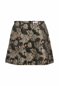 Jupe évasée en tissu noir présentant un motif floral texturé en beige et or. La taille est droite avec des détails de plis.