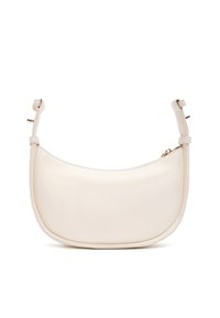 Borsa a tracolla bianca in pelle con forma curva, chiusura con zip e tracolla regolabile, caratterizzata da una texture liscia e un design minimalista.
