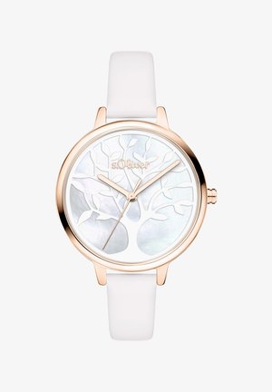 Weißes Lederarmbanduhr mit einem Gehäuse aus roségoldfarbenem Metall. Verfügt über ein Zifferblatt aus Perlmutt mit einem Baumdesign und goldfarbenen Zeigern.