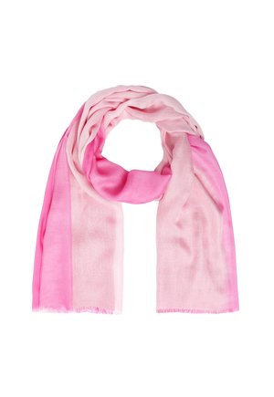 Écharpe légère rose avec des nuances en dégradé du rose pâle au rose vif, pliée en boucle de façon lâche avec des bords frangés.