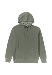 Bluza z kapturem w stonowanym zielonym kolorze, wykonana z miękkiego materiału, z przednią kieszenią kangurką, sznurkiem ściągającym oraz prążkowanymi mankietami i dolnym wykończeniem.