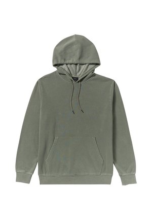 Sweat-shirt à capuche en vert atténué, fabriqué en tissu doux, avec une poche kangourou à l'avant, des cordons de serrage et des poignets et un ourlet côtes.