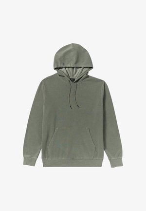Felpa con cappuccio in verde tenue, realizzata in tessuto morbido, con tasca a marsupio frontale, cordini e polsini e orlo a costine.