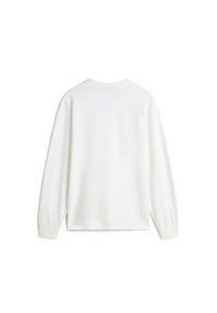 Long-sleeve, white cotton t-shirt with a round neckline and ribbed cuffs. Smooth texture, no patterns or visible branding. Back view.