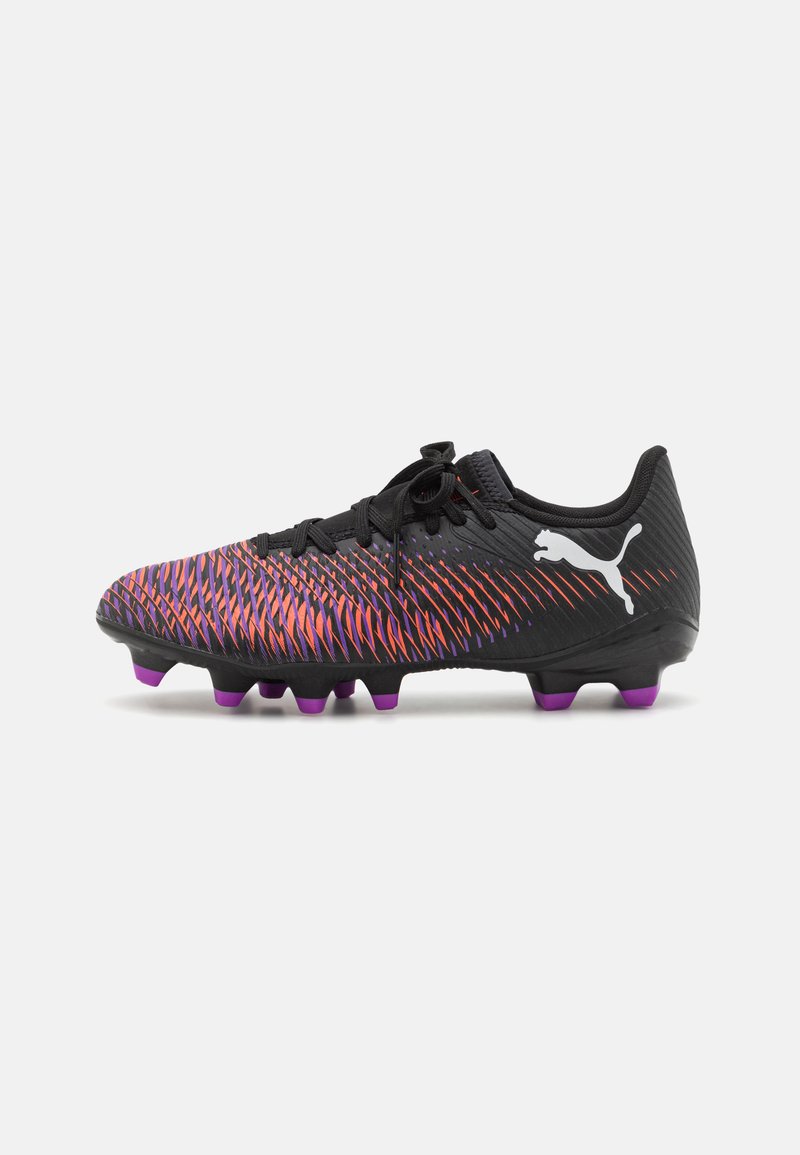 Football boots featuring a black upper with vibrant purple and orange zigzag patterns, textured surface, and purple sole studs for traction.