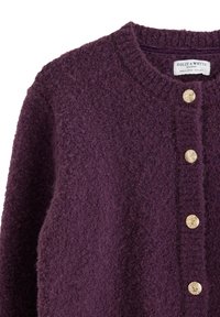 Purple wool cardigan with a fuzzy texture, featuring a round neckline and four golden button closures along the front.