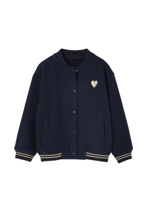 Marineblaue Collegejacke mit rundem Kragen, goldfarbener Herzstickerei auf der Brust, seitlichen Taschen sowie gerippten Bündchen und Saum.