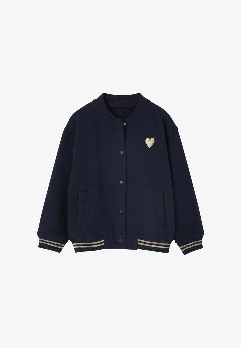 Navy blue varsity jacket with a round collar, gold heart embroidery on the chest, side pockets, and ribbed cuffs and hem.