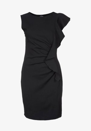 Schwarzes Kleid aus Stretchstoff mit einer figurbetonten Silhouette, einem Rüschendetail an einer Schulter und einer seitlichen Raffungsdetail.