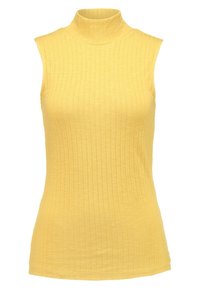 Žlutý žebrovaný bezrukávový rolák s přiléhavým střihem a jemnou strukturou. Má vysoký límec a jednobarevný design.