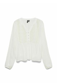 Blouse blanche à manches longues avec broderie en dentelle festonnée sur la poitrine, trois boutons recouverts de tissu, col rond et poignets élastiques.