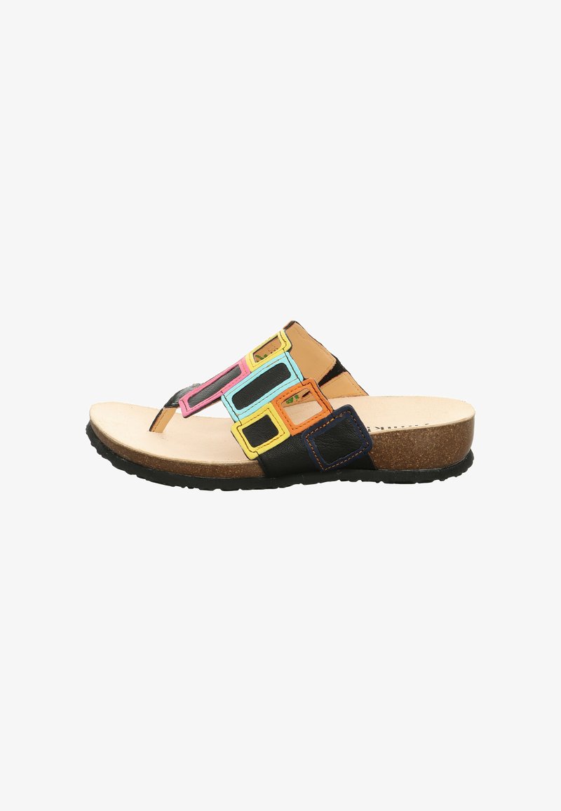 Brown and black slide sandal featuring colorful geometric accents on straps, a cork footbed, and textured outsole for grip.