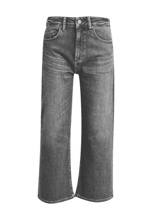 High-waisted, wide-leg jeans in double-needle stitched dark gray denim with three pockets and a button-front closure.