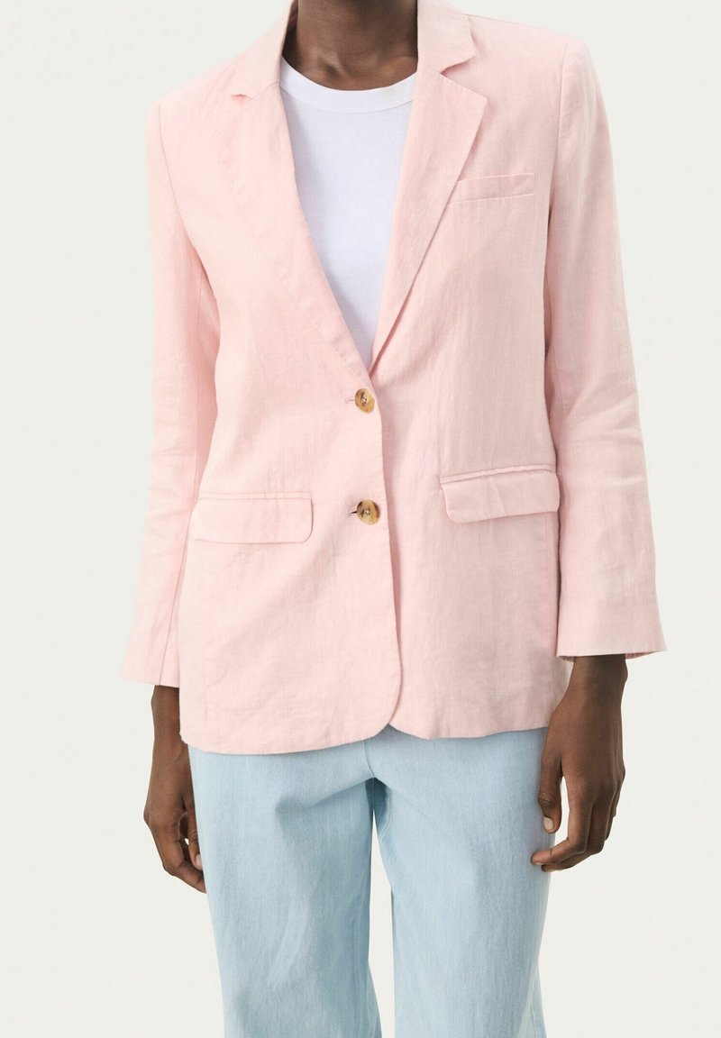 Personne portant un blazer rose clair avec deux boutons marron sur une chemise blanche et un pantalon bleu clair, debout devant un fond uni.