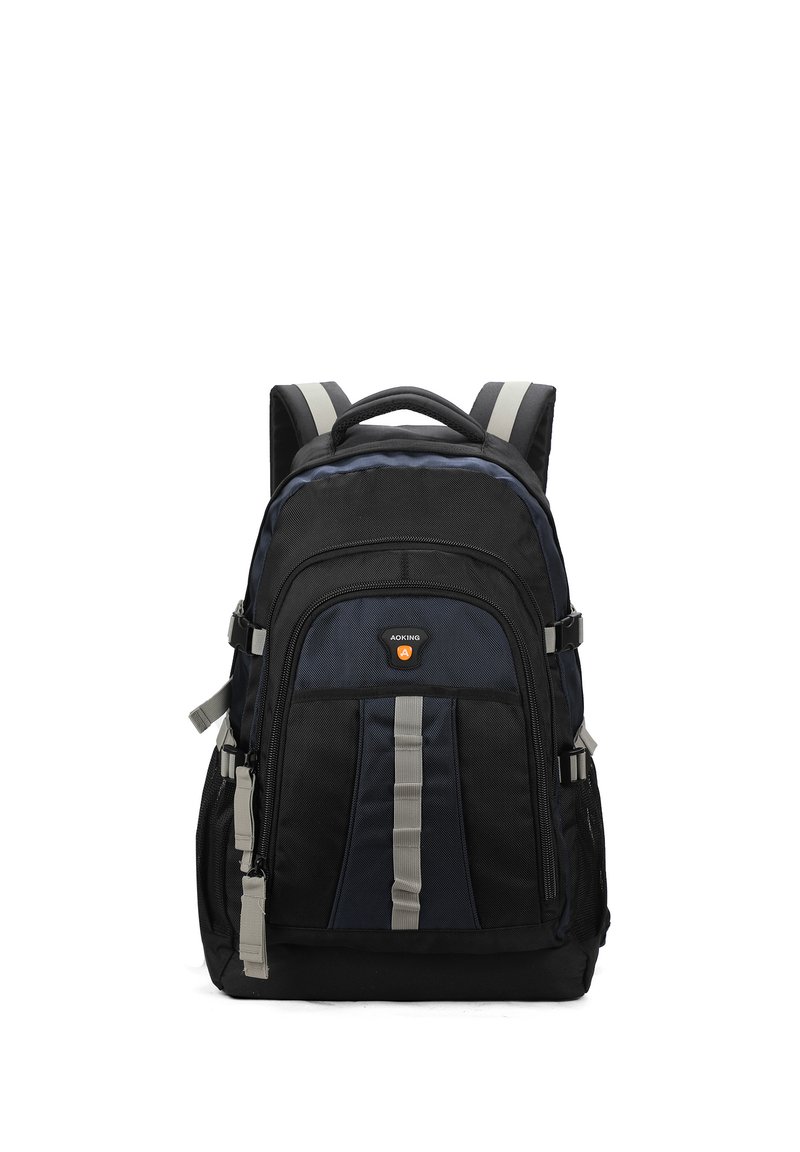 Zaino nero e blu realizzato in tessuto resistente, dotato di spallacci imbottiti, più tasche, dettagli grigi e un logo sulla parte anteriore.