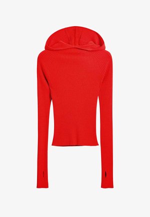 Czerwona, prążkowana bluzka z długim rękawem o dopasowanym kroju, z kapturem i otworami na kciuki przy końcach rękawów.