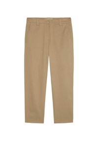 Beige kalhoty rovného střihu vyrobené z bavlněné směsi. Mají dvě přední kapsy, poutka na opasek a hladkou texturu bez viditelných vzorů.