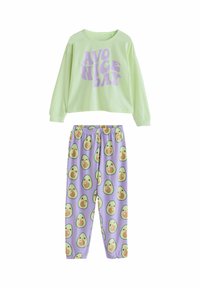 Green long-sleeve shirt with purple text "AVO NICE DAY," paired with purple pants featuring a repeated avocado pattern.