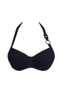 Zwarte gestikte bikini top met halternekband en gouden ronde gesp detail op de rechter schouderband.