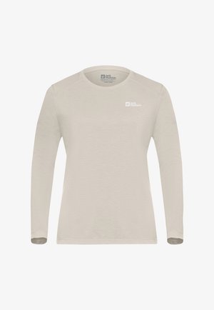 Maglietta a maniche lunghe color beige chiaro con logo Jack Wolfskin sul lato sinistro del petto, progettata per donne.