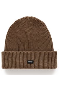 Gorro de lana marrón tejido con textura de canalé, con un dobladillo y una pequeña etiqueta negra con el logo de "VANS" en el costado.