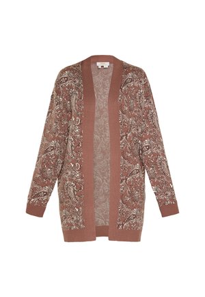 Cardigan marrone con motivi paisley bianchi, apertura frontale, maniche lunghe, maglia testurizzata e dettagli a costine lungo i bordi.