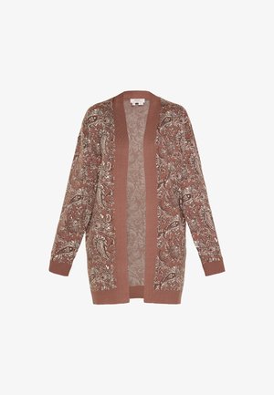 Ruskea neuletakki, jossa on valkoisia paisley-kuvioita, avoin etuosa, pitkät hihat, teksturoitu neulos ja ribbireunat.