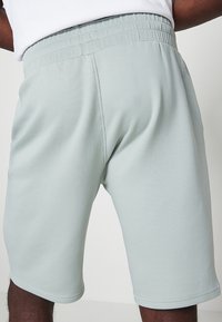 Shorts de sport vert clair avec une taille élastique, texture lisse, longueur au genou et un discret détail de marque à l'arrière.