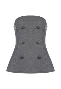 Top grigio senza maniche con un corpo aderente e orlo svasato, caratterizzato da sei bottoni decorativi d'argento a forma di fiore. Tessuto strutturato.