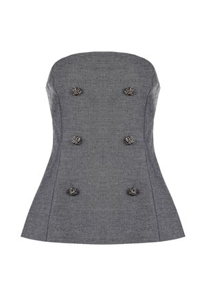 Top grigio senza maniche con un corpo aderente e orlo svasato, caratterizzato da sei bottoni decorativi d'argento a forma di fiore. Tessuto strutturato.