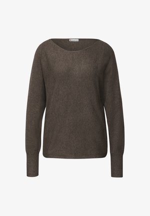 Maglione marrone lavorato a maglia con scollatura rotonda e maniche lunghe. Tessuto testurizzato con vestibilità ampia e polsini a coste. Etichetta del marchio visibile.