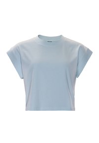 Light blue cropped t-shirt made of soft cotton. Features a crew neckline and short, rolled sleeves with a relaxed fit and clean stitching.