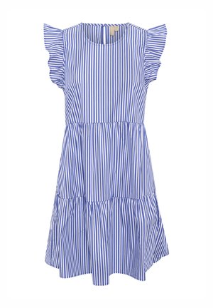 Zila un balta svītraina kleita ar kroku piedurknēm, apaļo kaklu un vairāku līmeņu svārku, izgatavota no viegla auduma. Iezīmē aizmugurējo pogu aizdari.