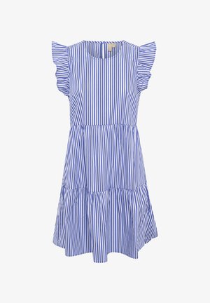 Kék és fehér csíkos ruha fodros ujjal, kerek nyakkal és réteges szoknyával, könnyű anyagból készült. Hátul gombos záródással rendelkezik.