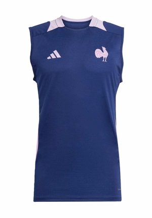 T-shirt de sport sans manches bleu avec des accents rose clair. Il dispose d'un col rond, d'un logo sur la poitrine et d'un tissu lisse et extensible.