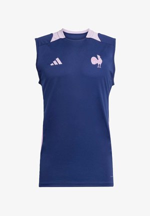 Blue sleeveless athletic shirt with light pink accents. Features a round neck, logo on the chest, and a smooth, stretchable fabric.