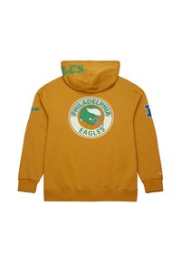 Gelbes Hoodie mit Kängurutasche, das auf der Rückseite ein großes Philadelphia Eagles-Logo und blaue Akzente an den Ärmeln aufweist.