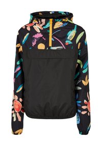 Lekka kurtka z kapturem w czarnym kolorze z kolorowymi kwiatowymi wzorami. Przód na półzamek, elastyczne mankiety i regulowany sznurek kaptura.