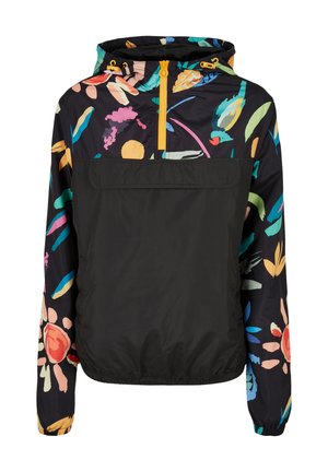 Lahka jakna s kapuco črne barve s pisanimi cvetličnimi vzorci. Polovični zadrga spredaj, elastični manšeti in nastavljiva kapuca z zategovalnim trakom.