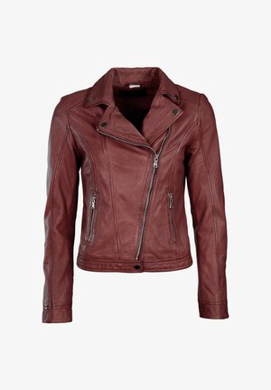 Bordeaux lederen motorjack met een asymmetrische rits, drukknoopkraag en twee voorste ritszakken. Soepele textuur en getailleerd ontwerp.