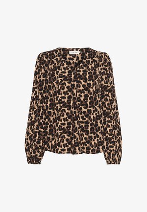 Blouse en imprimé léopard marron et noir, dotée d'un décolleté en V profond, de manches longues bouffantes et d'une coupe décontractée avec des détails plissés.