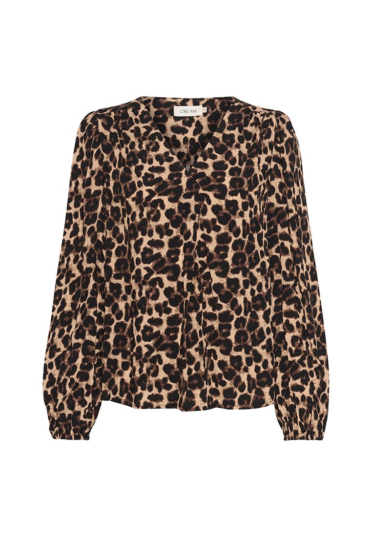 Leopardmønstret bluse i tan og sort, med dyb V-hals, lange pufferærmer og en afslappet pasform med plisseringsdetaljer.