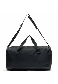 Borsa a duffel nera realizzata in tessuto resistente, con due manici robusti, una tracolla regolabile e un compartimento principale con zip.