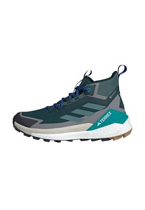 Dark green hiking shoes with a mesh upper, grey accents, two-tone midsole, rubber outsole, and blue laces. Features a high-top design.