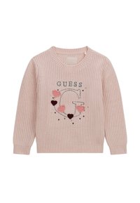 Maglione rosa chiaro a maglia con logo "GUESS" ricamato, cuori in tonalità di rosa e bordeaux, e scollo rotondo.